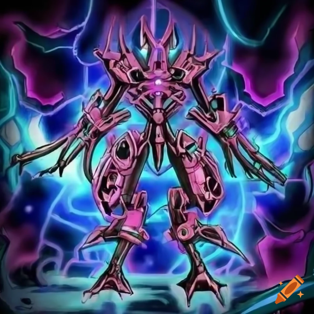 Yugioh style artwork of a futuristic mechanical divine entity on Craiyon