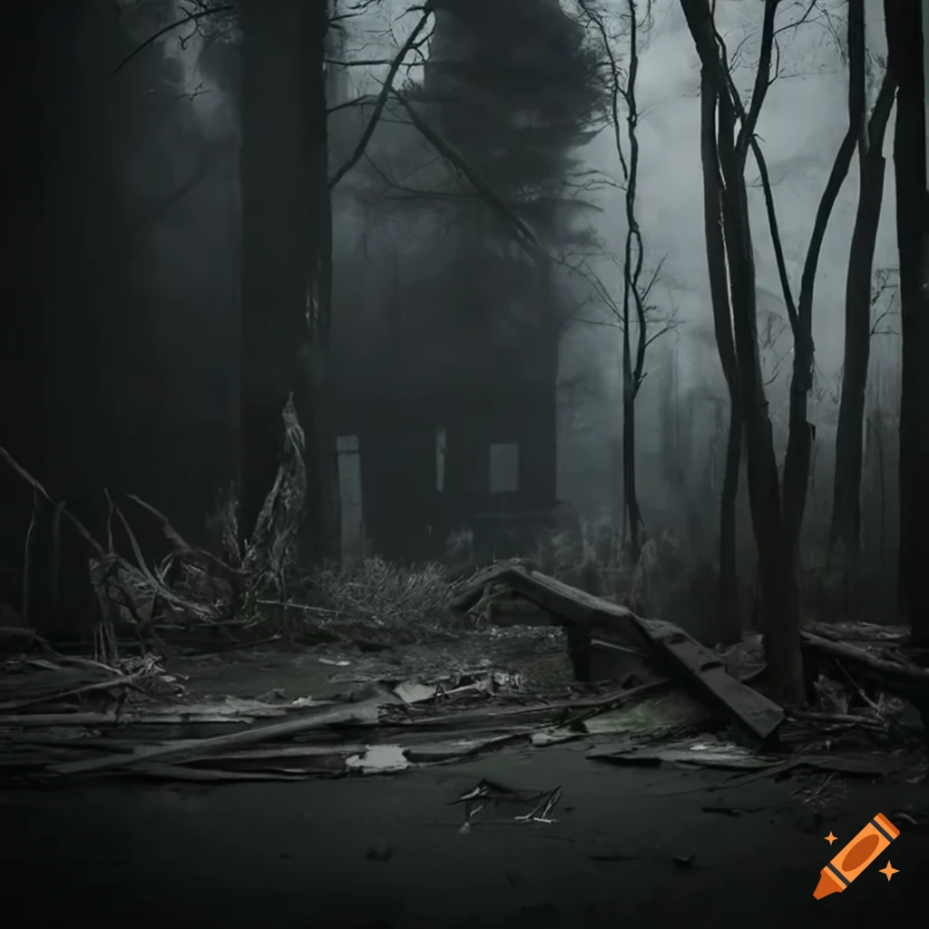 detailed image of an abandoned city in a gloomy forest