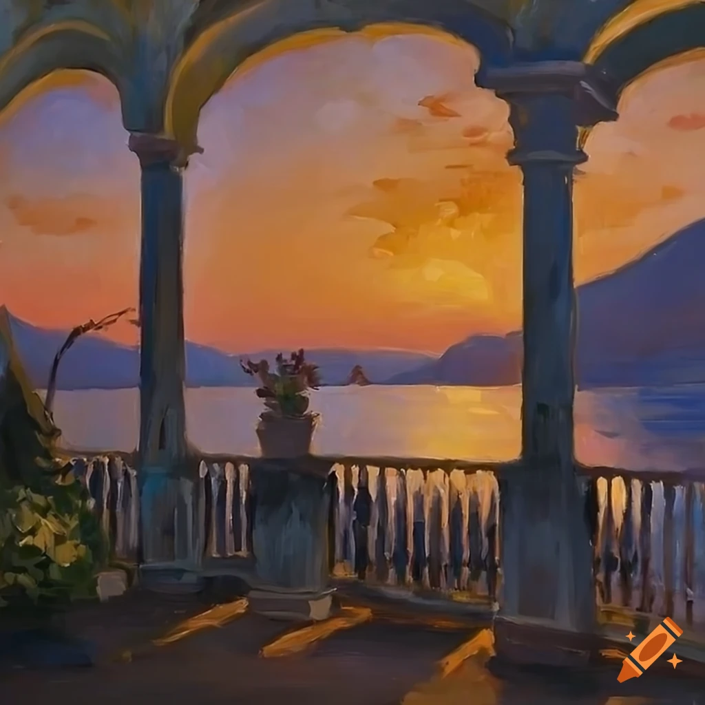 impressionist painting of a cozy patio overlooking Lake Como