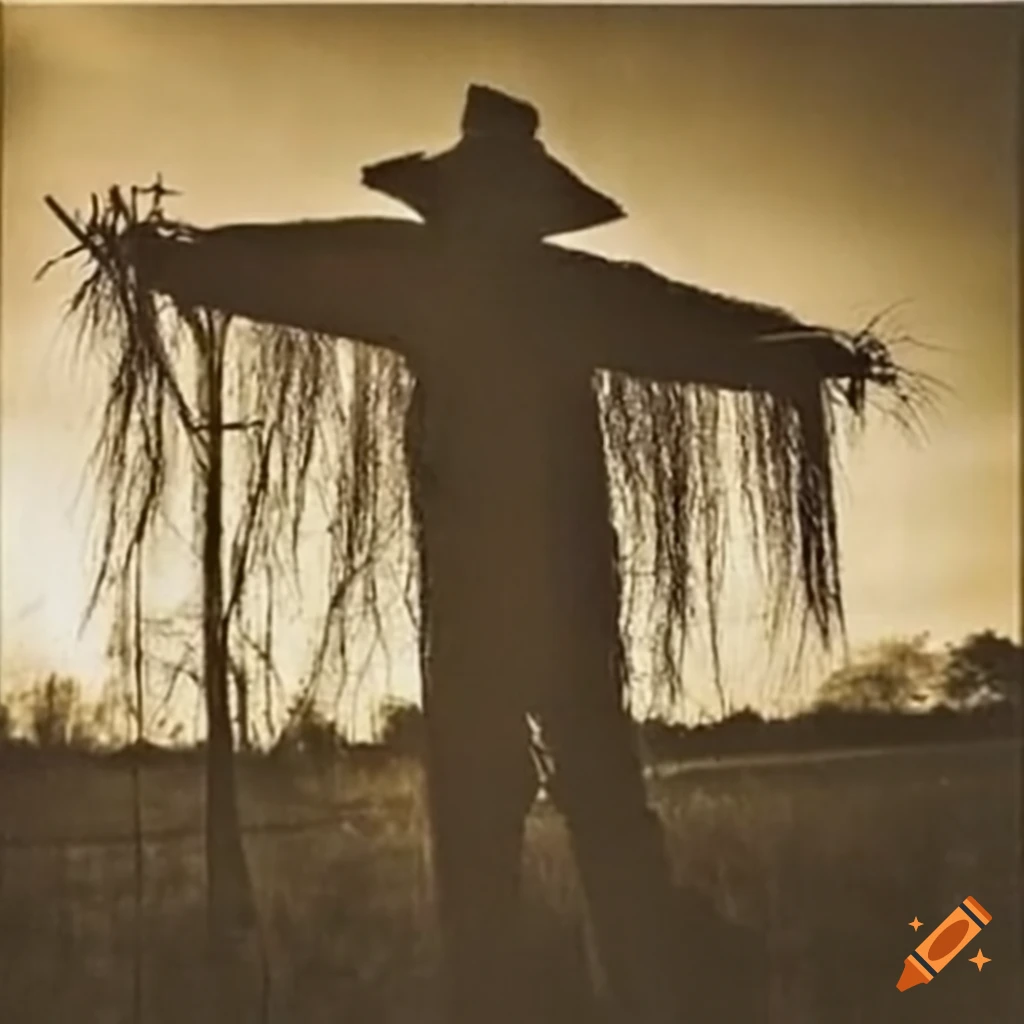 close-up of a creepy scarecrow in sepia