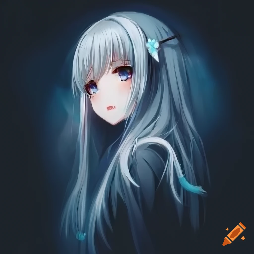 melancholic anime girl with white hair and captivating black eyes