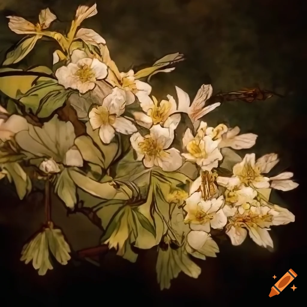 detailed drawing of cherry blossom in golden hour lighting
