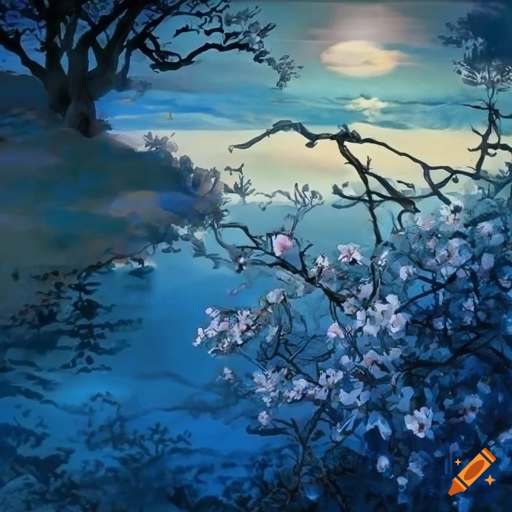 detailed drawing of cherry blossom in blue hour lighting