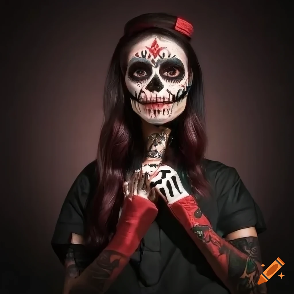 girl with catrina tattoo face wearing nurse clothing