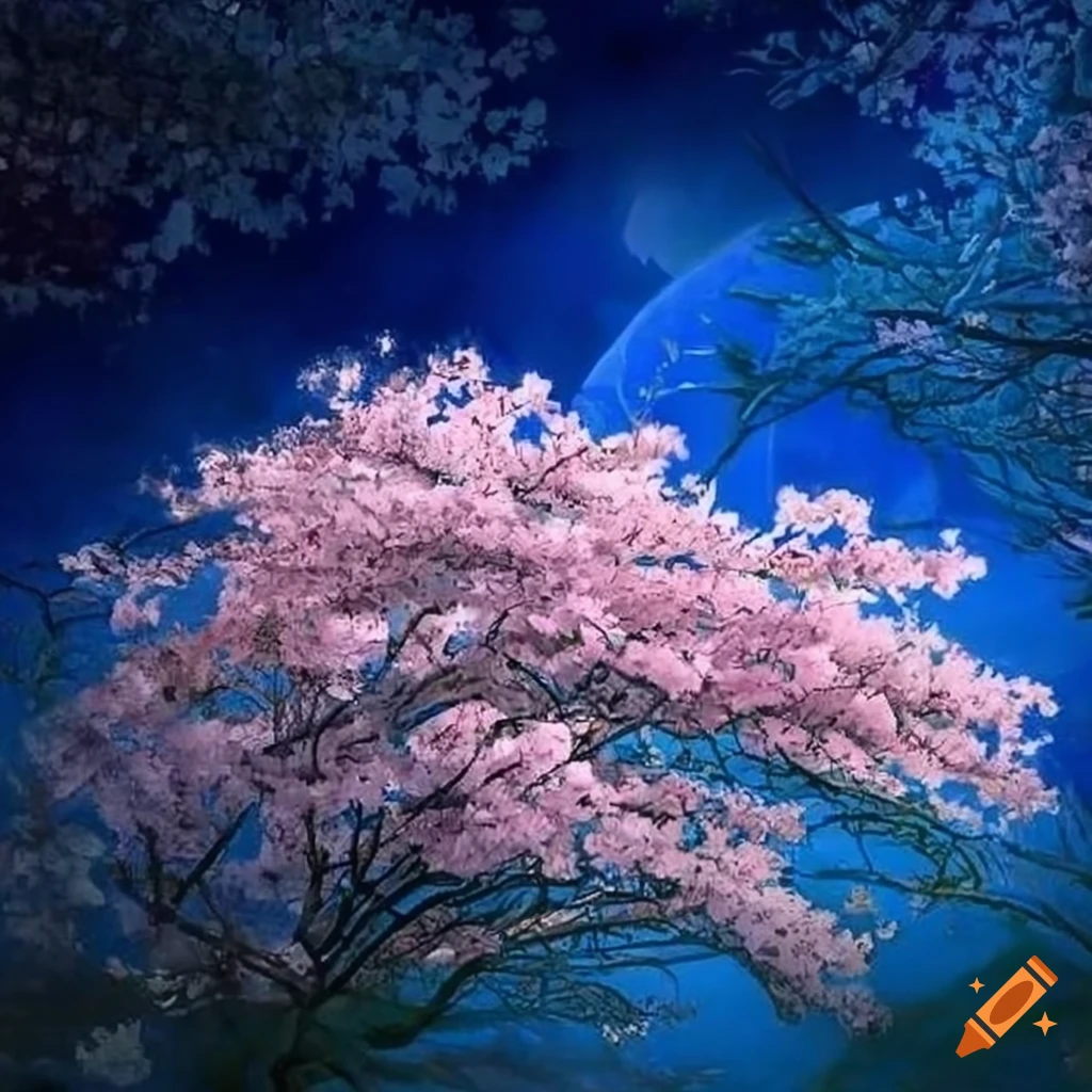 detailed drawing of cherry blossom in blue hour lighting