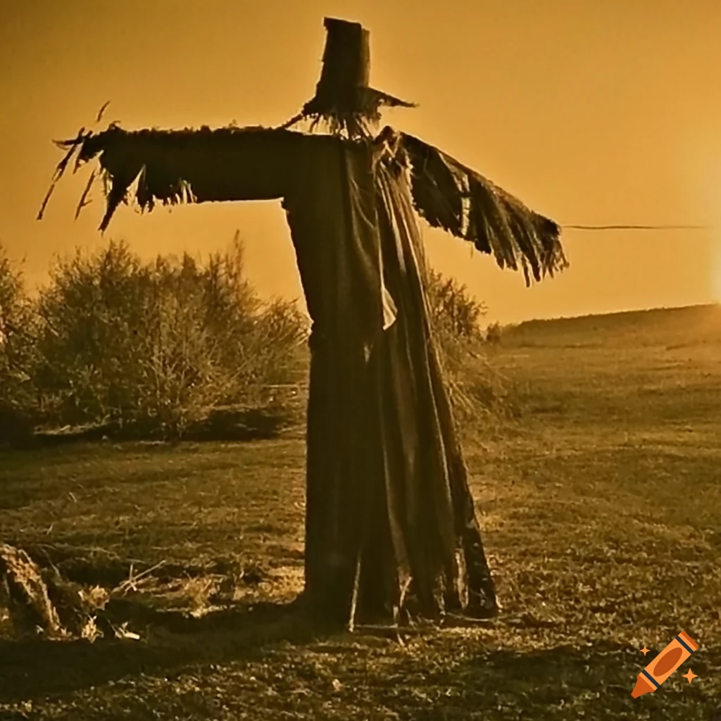 close-up of a creepy scarecrow at golden hour