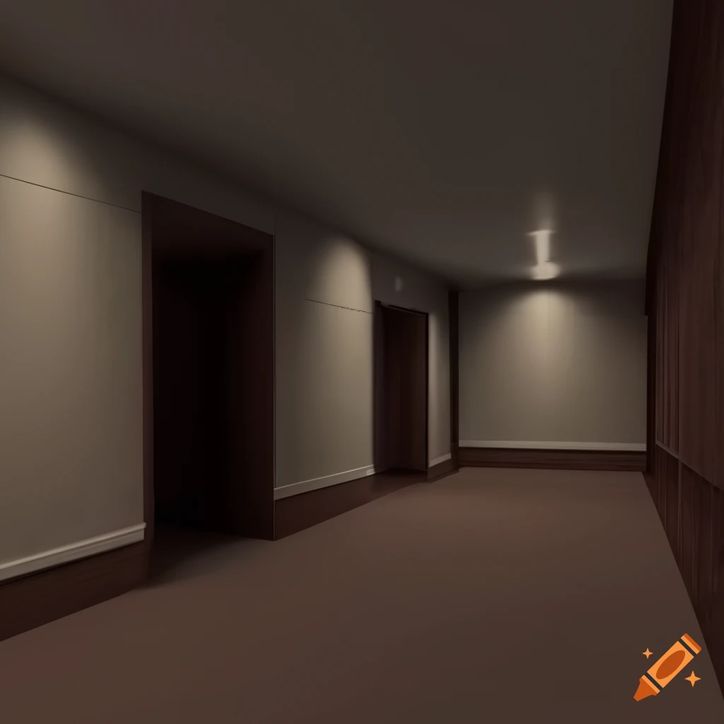 hyper realistic 3D render of a liminal space hotel room
