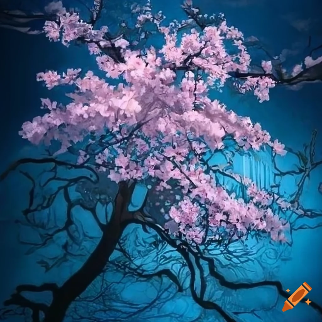detailed drawing of cherry blossom in blue hour lighting