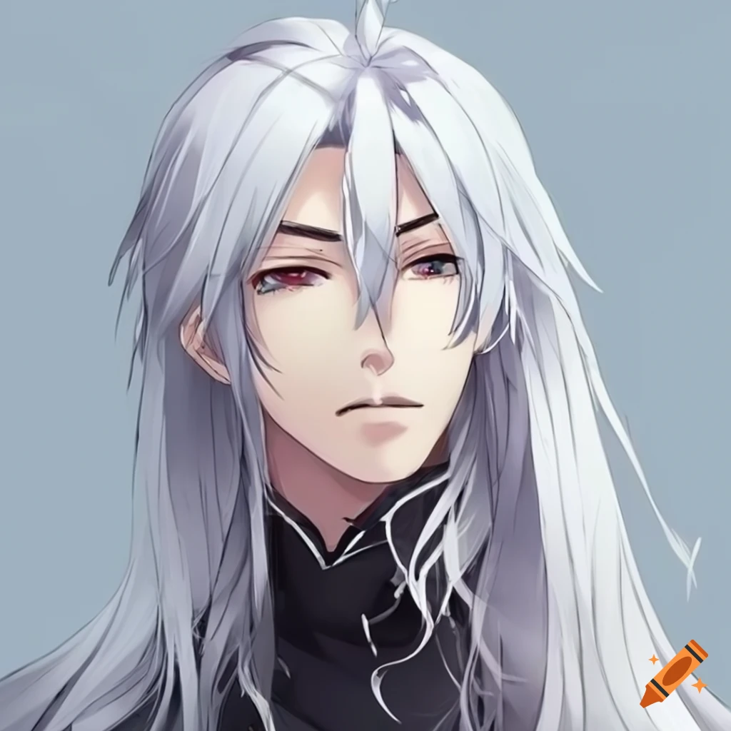 elegant anime male with long white hair