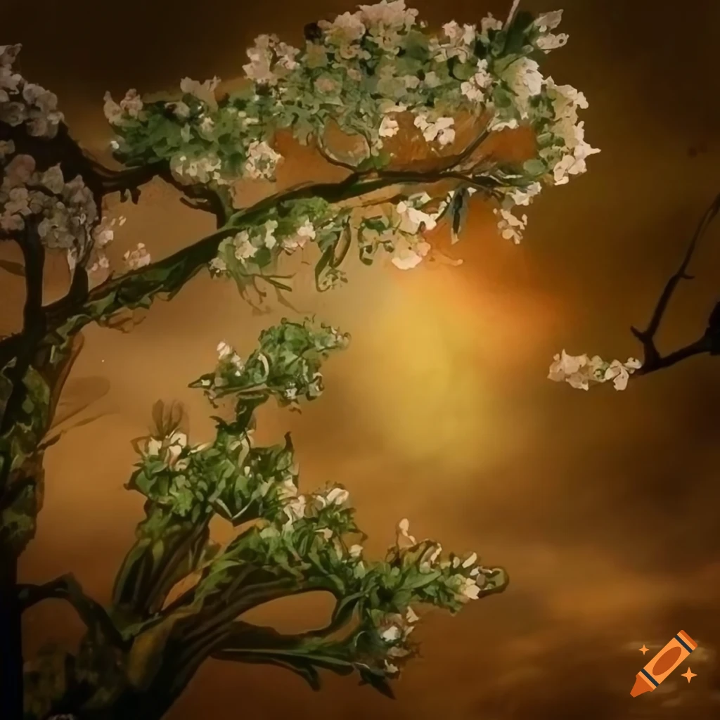 detailed drawing of cherry blossom in golden hour lighting