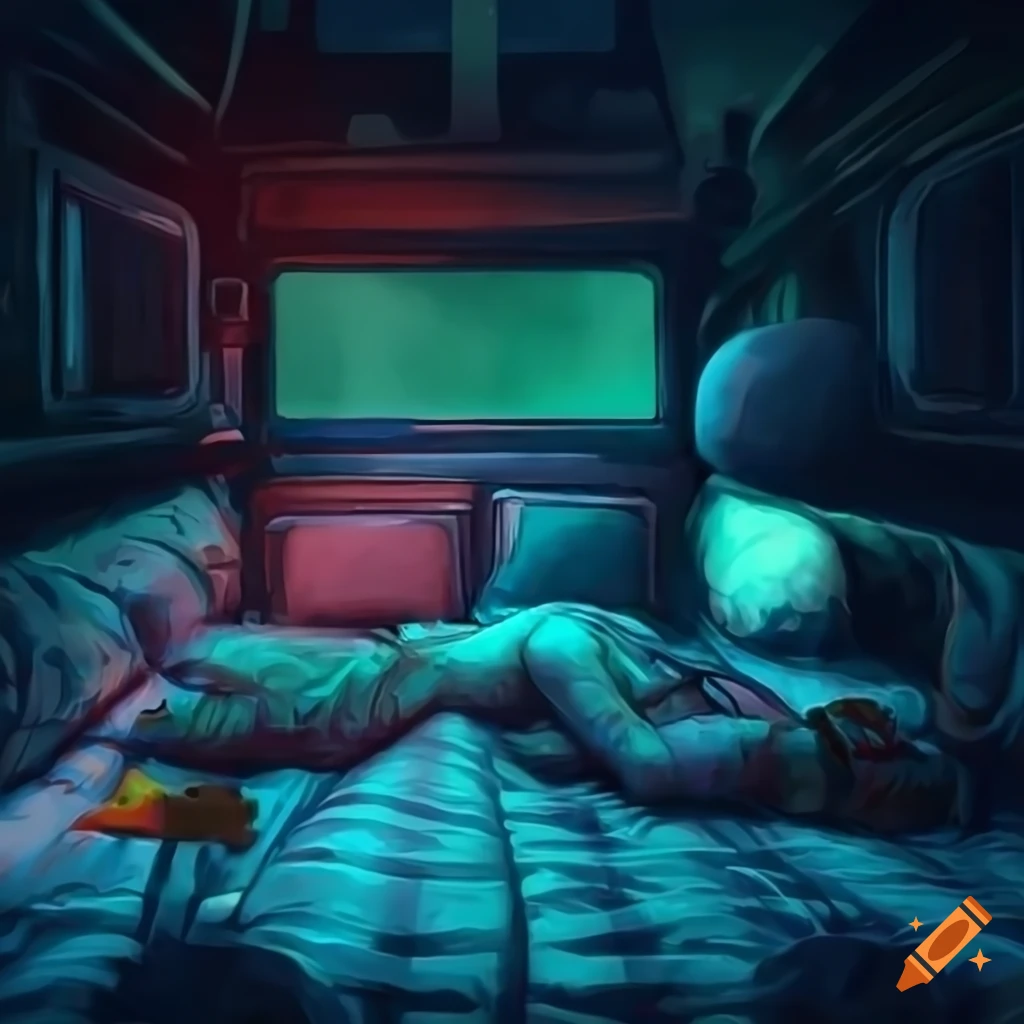 colorful digital painting of a person lying in a transit van