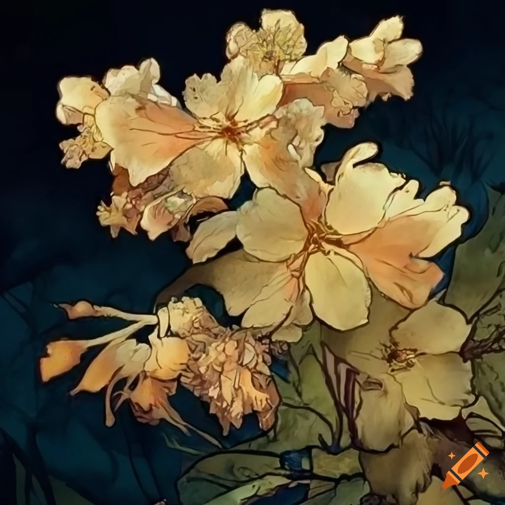 intricate drawing of cherry blossom in golden hour light