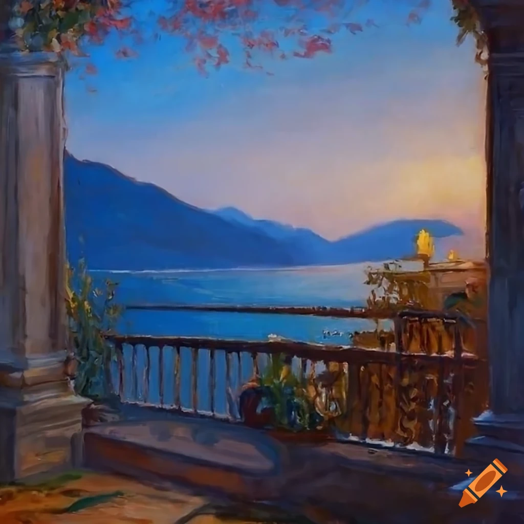 impressionist painting of a beautiful patio overlooking Lake Como