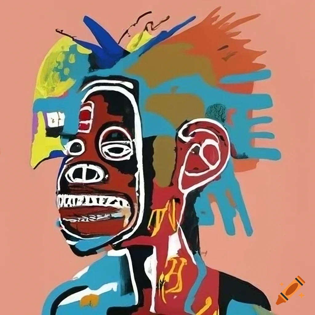Basquiat-inspired painting with symbolic motifs and rhythmic elements