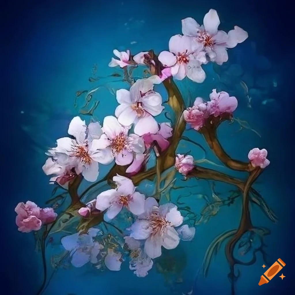 detailed drawing of cherry blossom in blue hour lighting