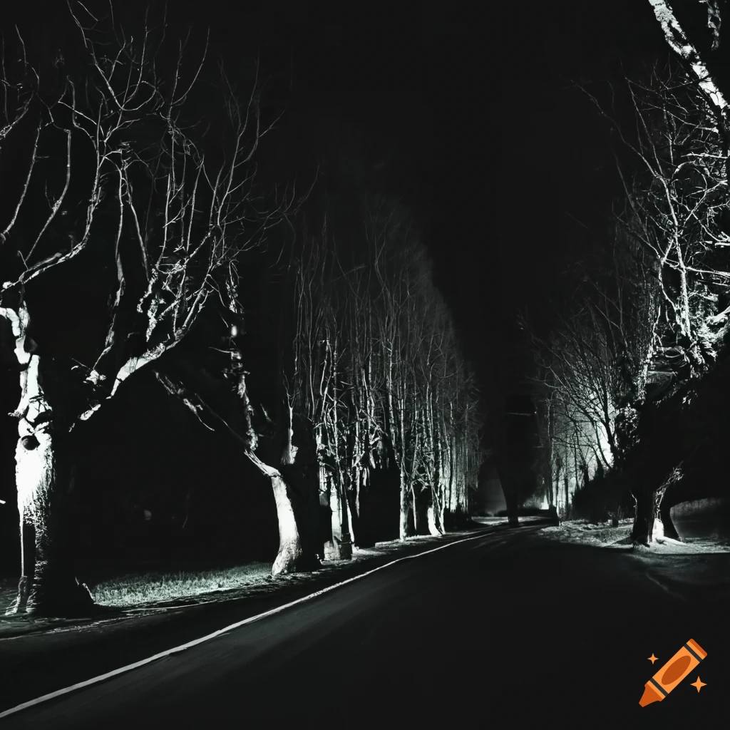nighttime view of trees along a road