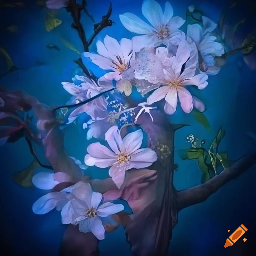 detailed drawing of cherry blossom in blue hour lighting