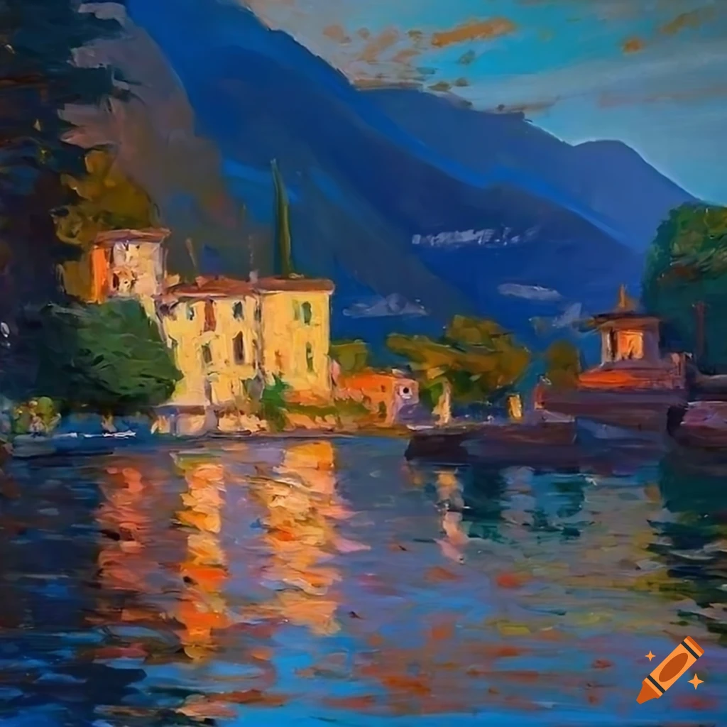 impressionist painting of a charming patio overlooking Lake Como