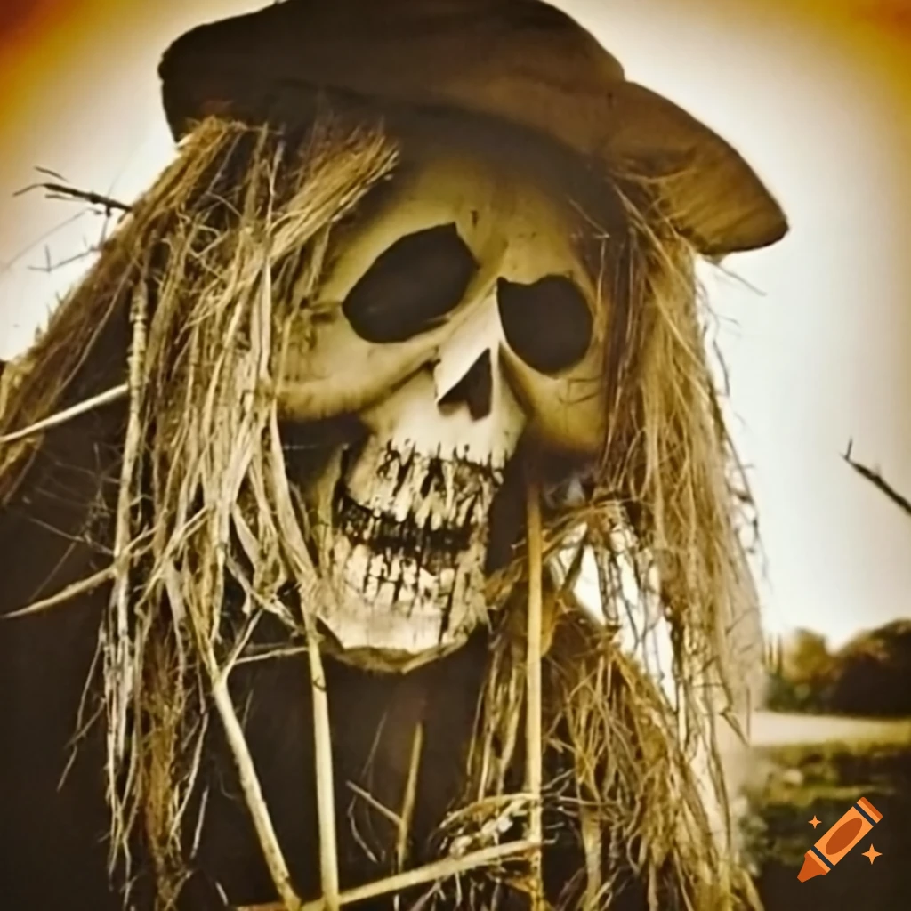close up of a sinister scarecrow in sepia tones
