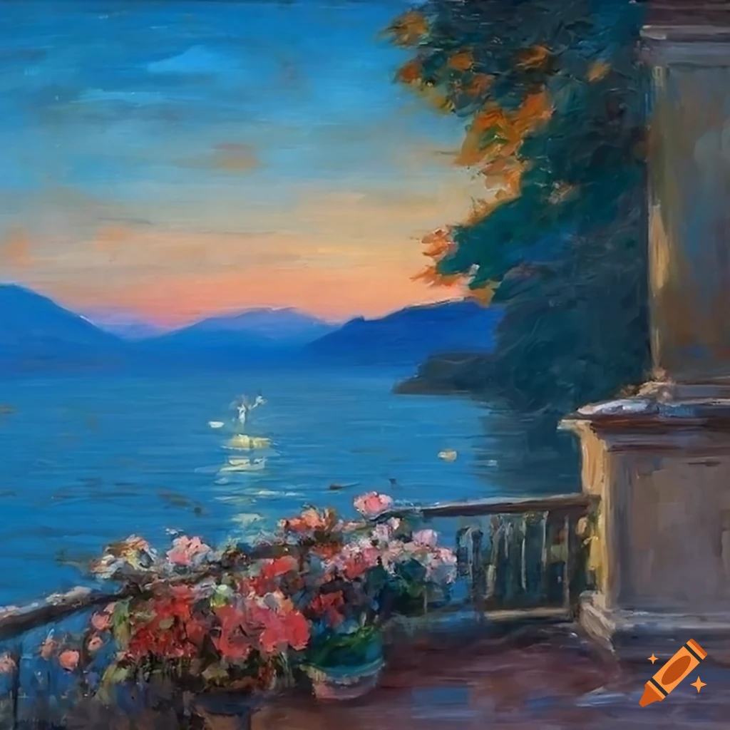 impressionist painting of a beautiful patio overlooking Lake Como