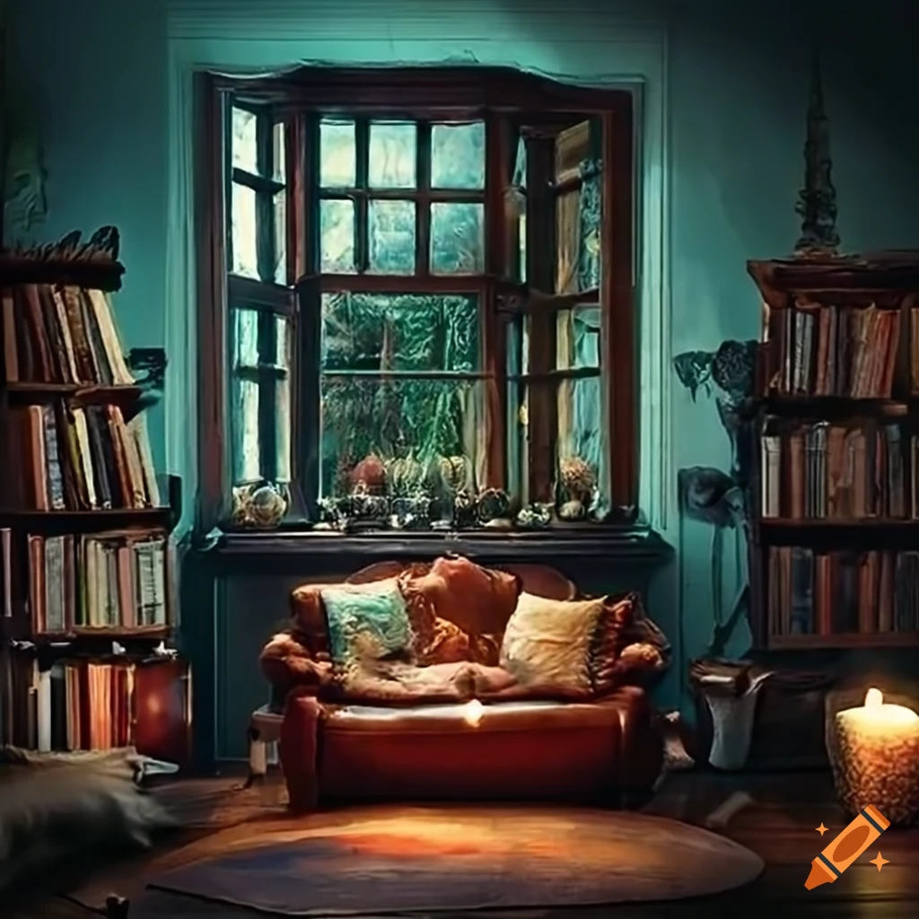 Cozy living room with forest view and potted plants on Craiyon