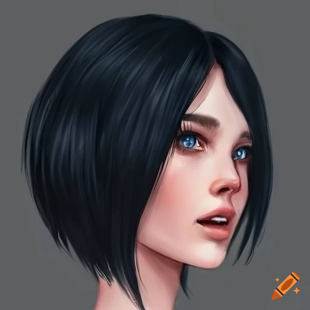 Artistic portrait of a woman with black hair and blue eyes on Craiyon