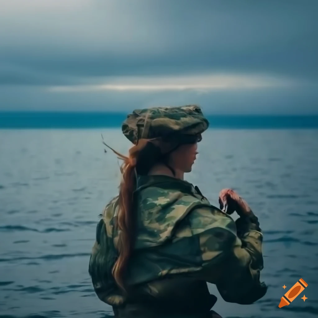 military woman on a boat looking at the sea