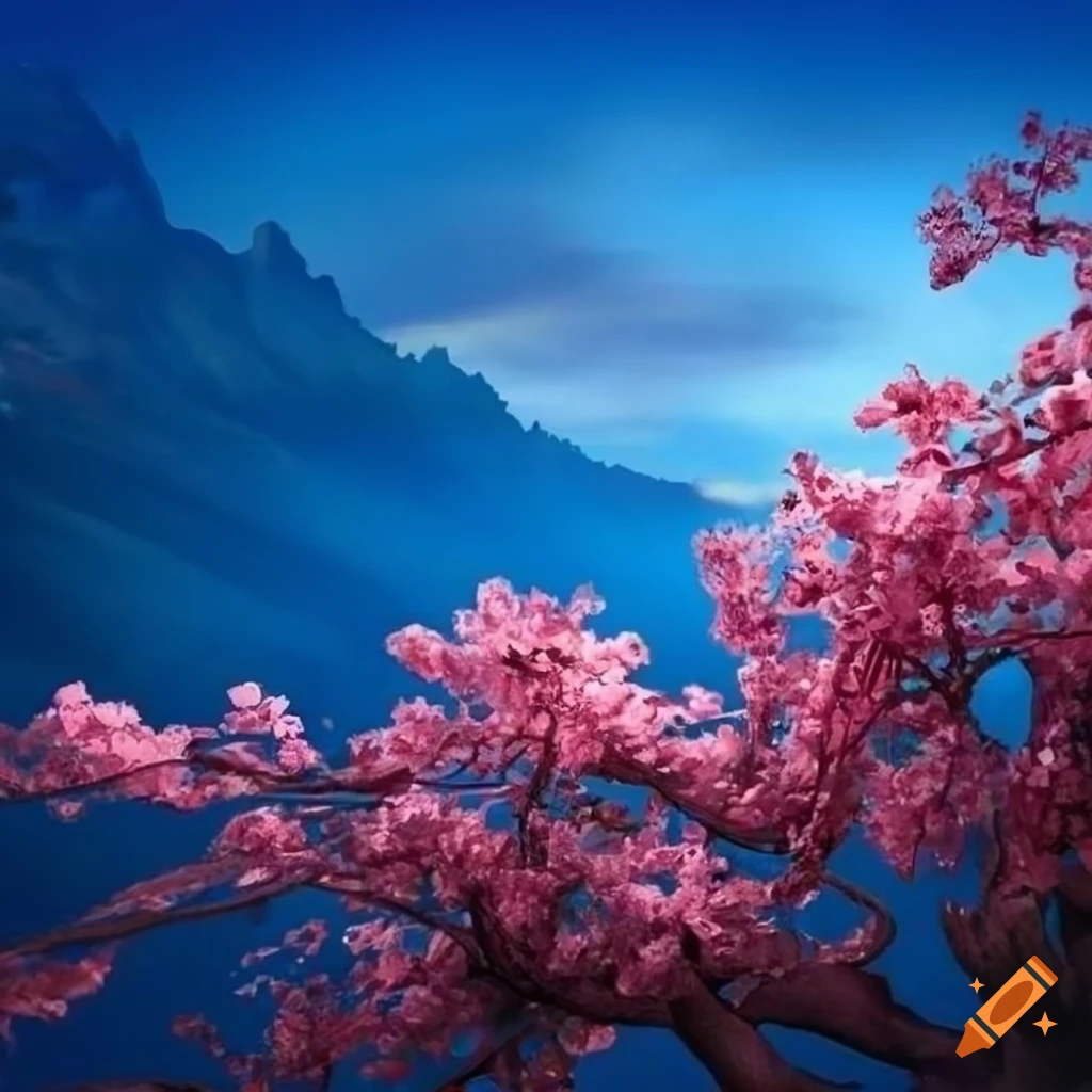 detailed drawing of cherry blossom in blue hour lighting