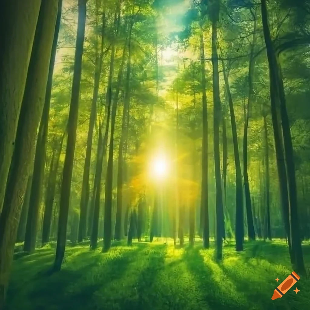 sunlit forest with green trees