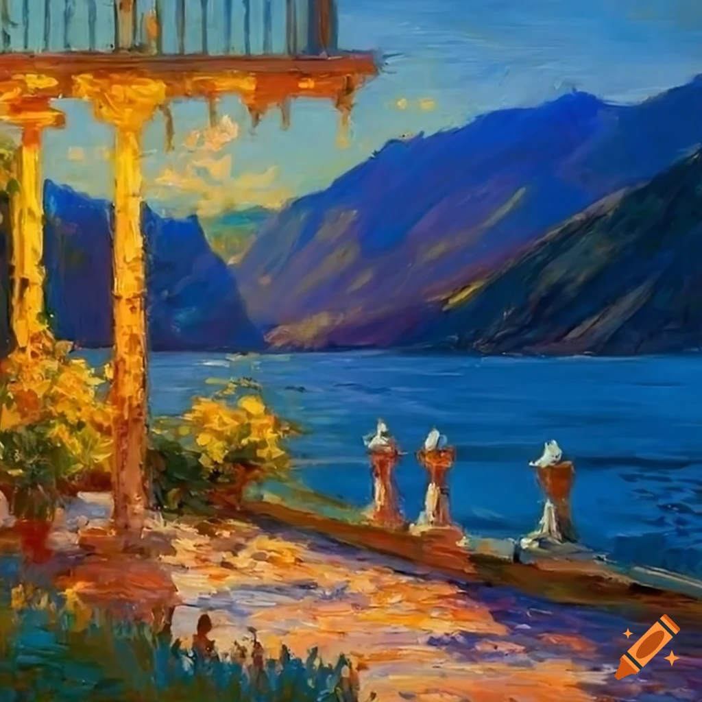 impressionist painting of a cozy patio overlooking Lake Como