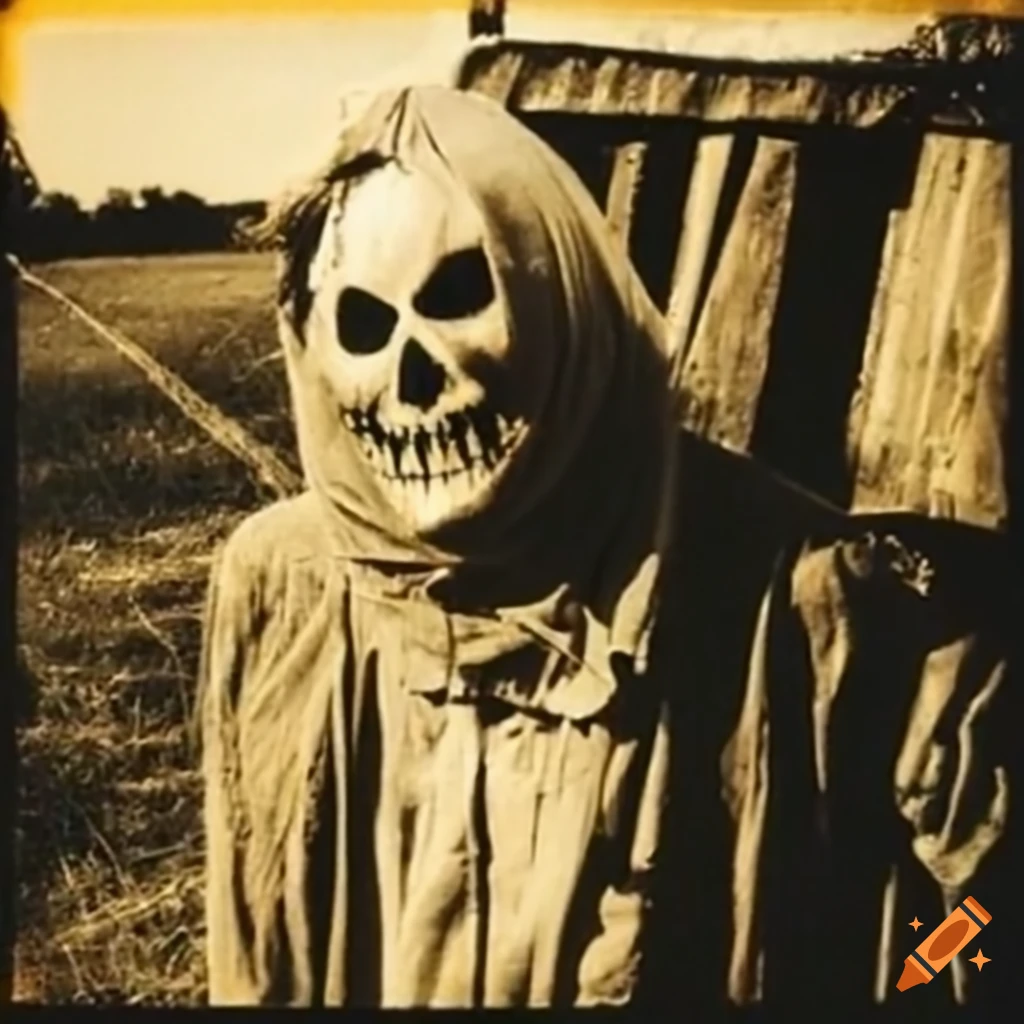 close up of a sinister scarecrow in sepia tones