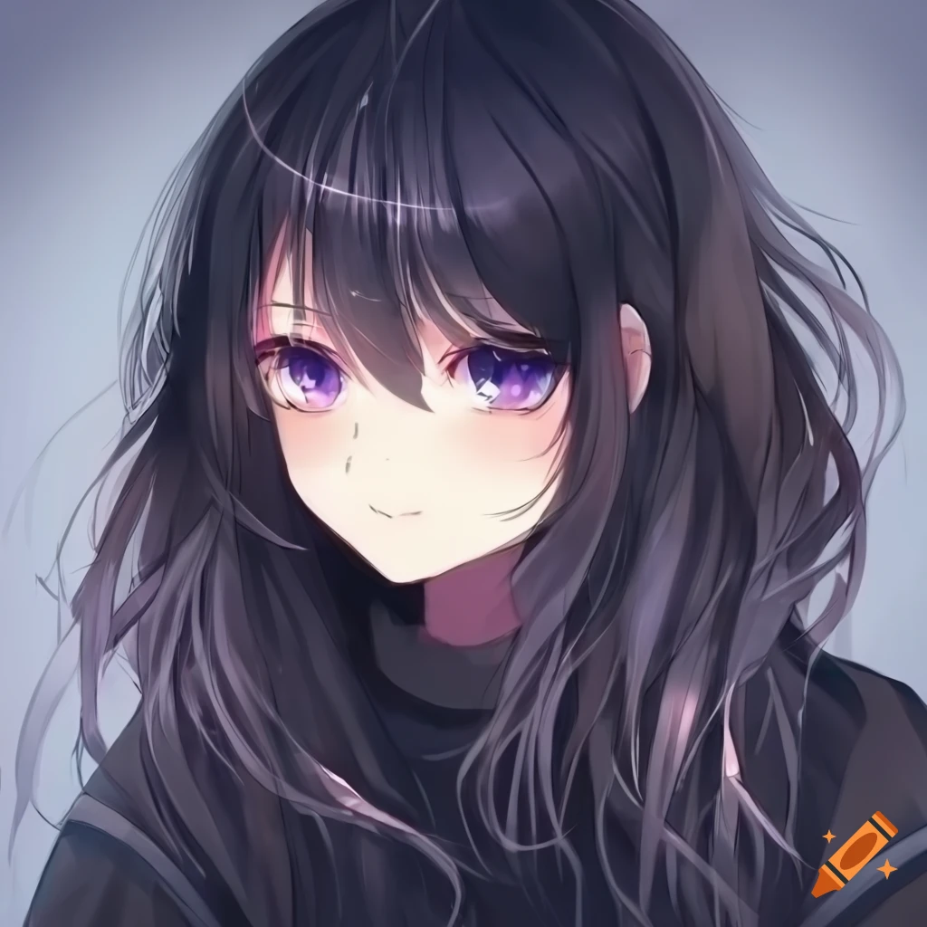 Cute anime girl with long black hair and blue purple eyes on Craiyon