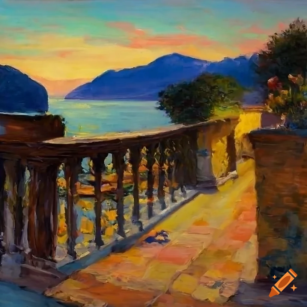 impressionist painting of a cozy patio overlooking Lake Como