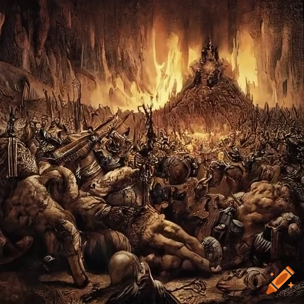 Engraved artwork of the battle of armageddon on Craiyon
