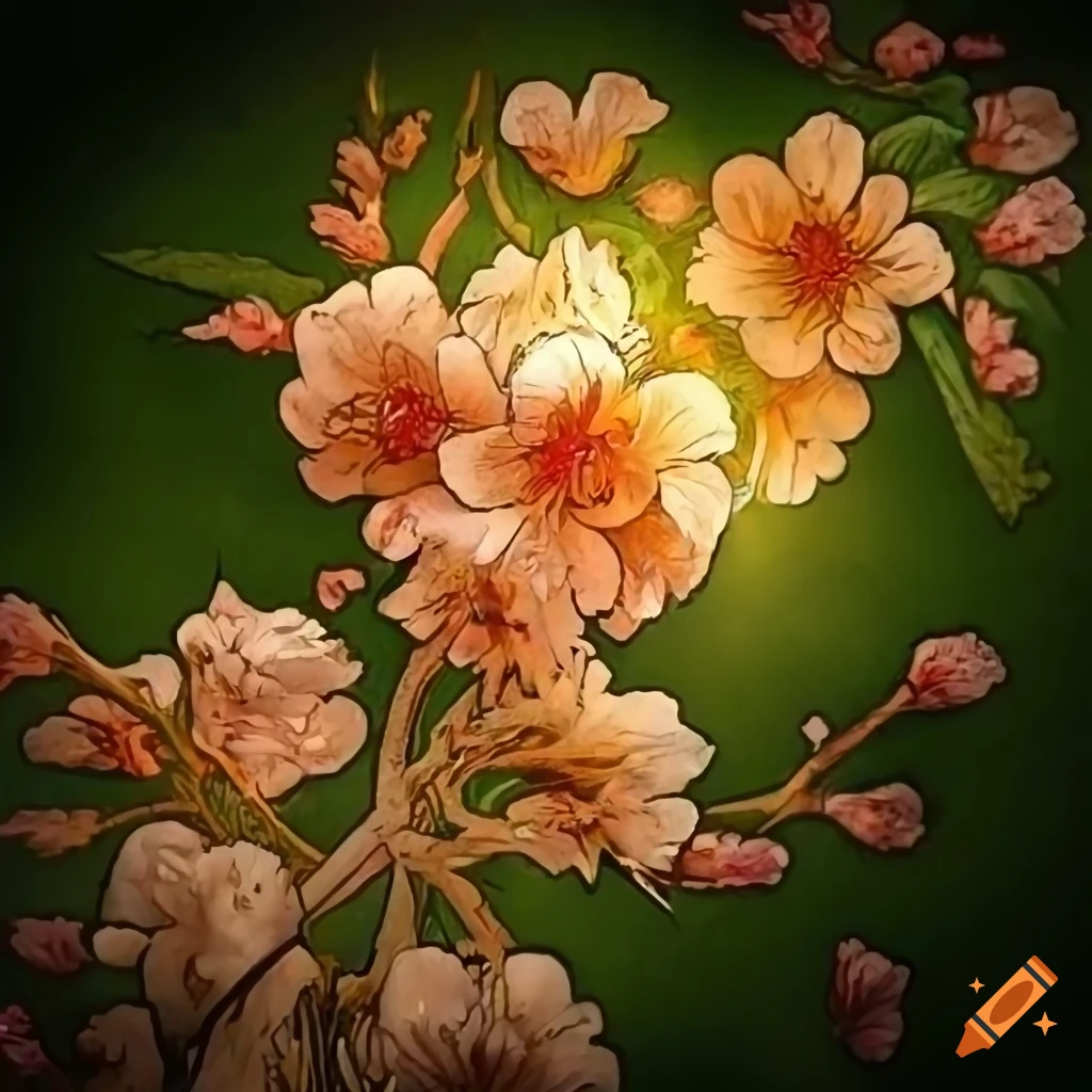 detailed drawing of cherry blossom in golden hour lighting