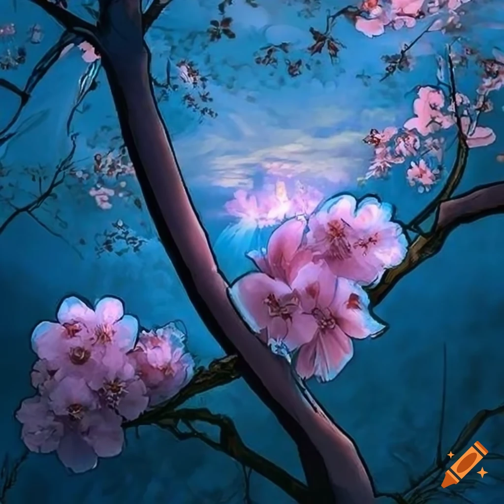 photo-realistic drawing of cherry blossom in blue hour lighting