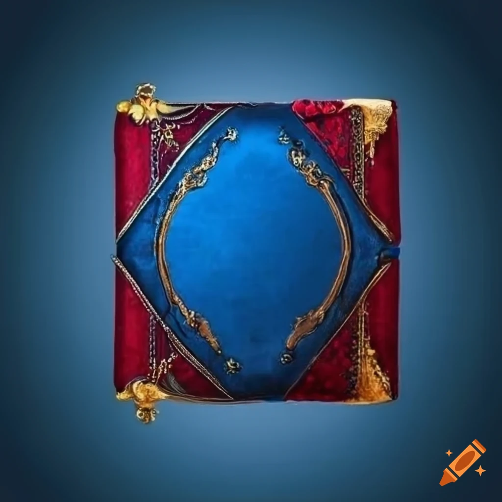 Blue and red vintage book cover with golden decorations on Craiyon