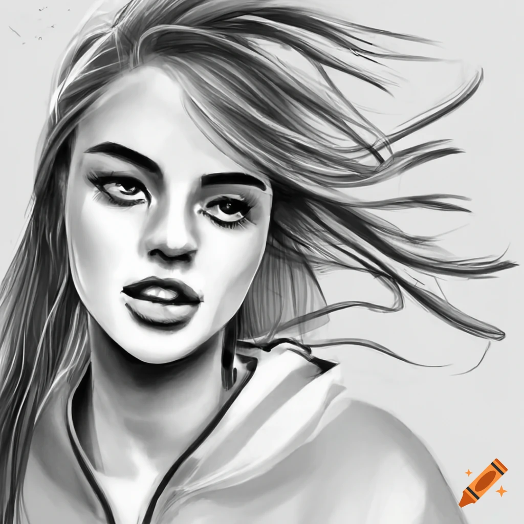 detailed pencil art of a woman in a sweatshirt and sweatpants with hair flowing in the wind