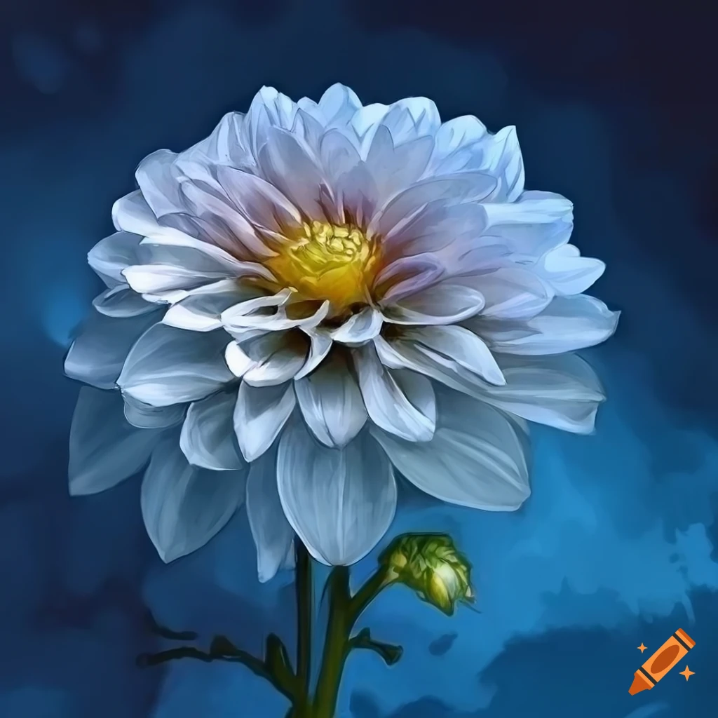 detailed art nouveau drawing of a white dahlia