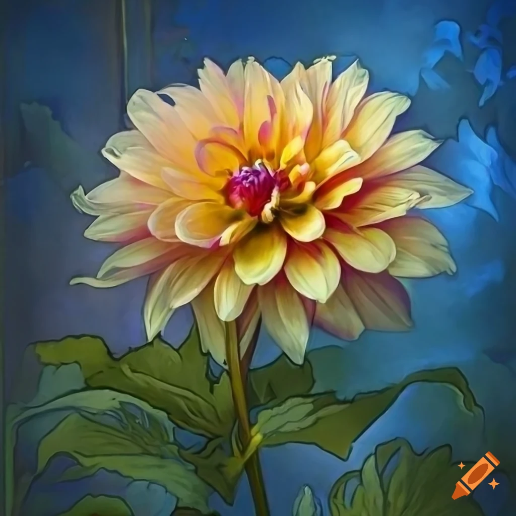 art nouveau style painting of a dahlia with intricate details