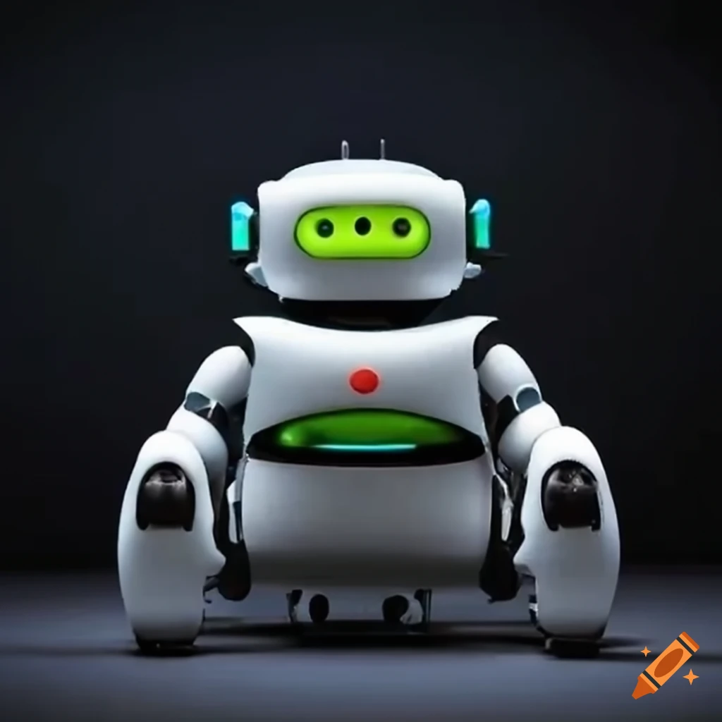 happy robot with wheels and green eyes