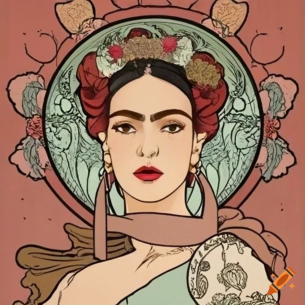 vintage postcard of Frida Khalo 1920 style Art Nouveau