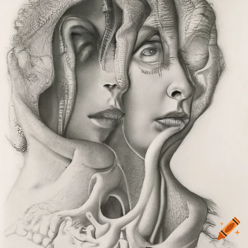 surreal drawing of a beautiful woman surrounded by roots and spirals