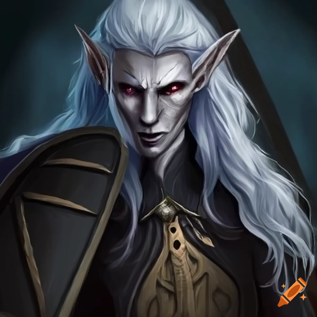 image of a dark elf wizard with white hair and shield