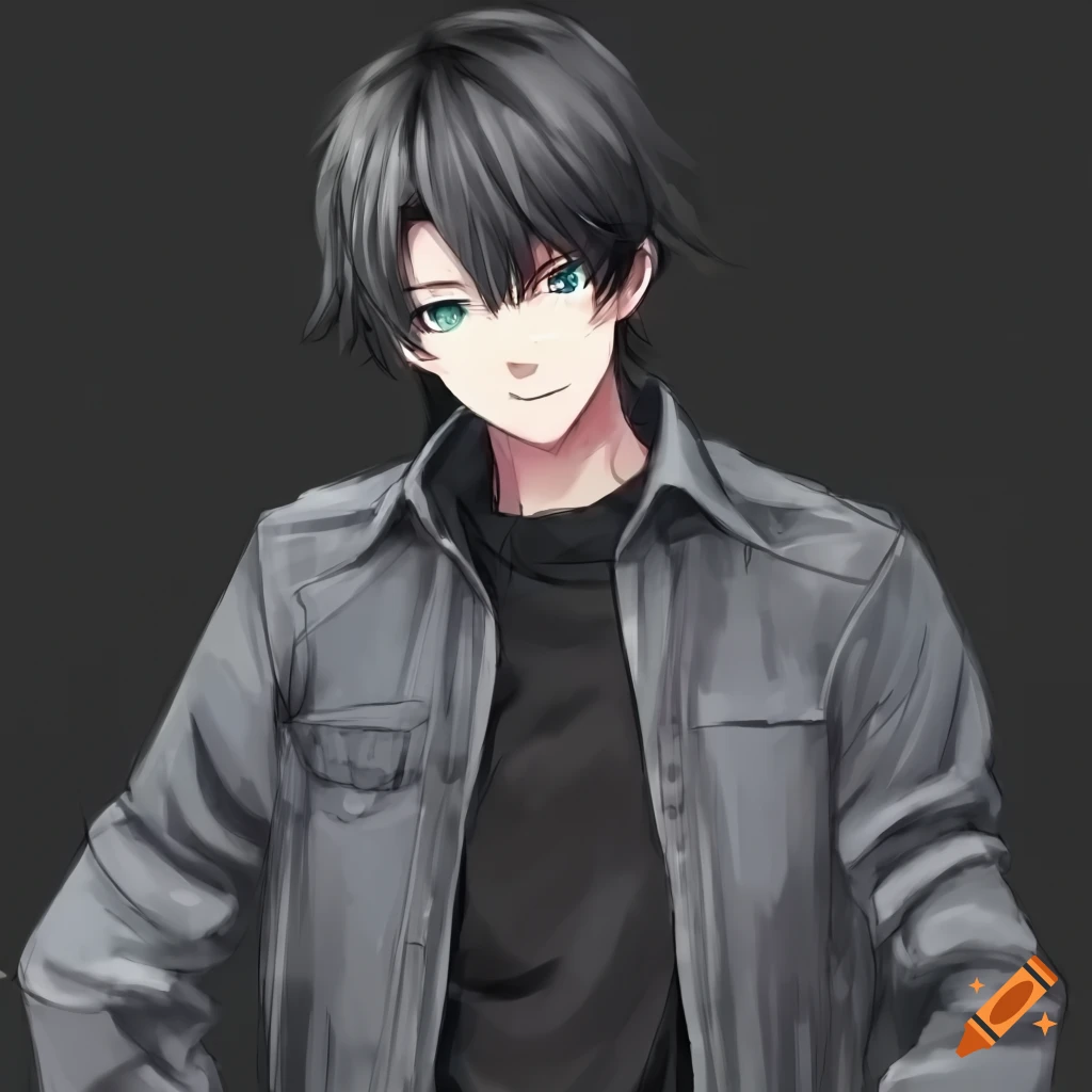 Anime style male character with black hair and green eyes on Craiyon