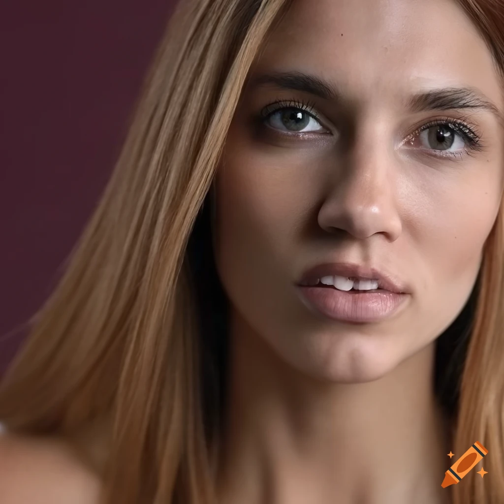 close-up portrait of a person with long face and light auburn hair