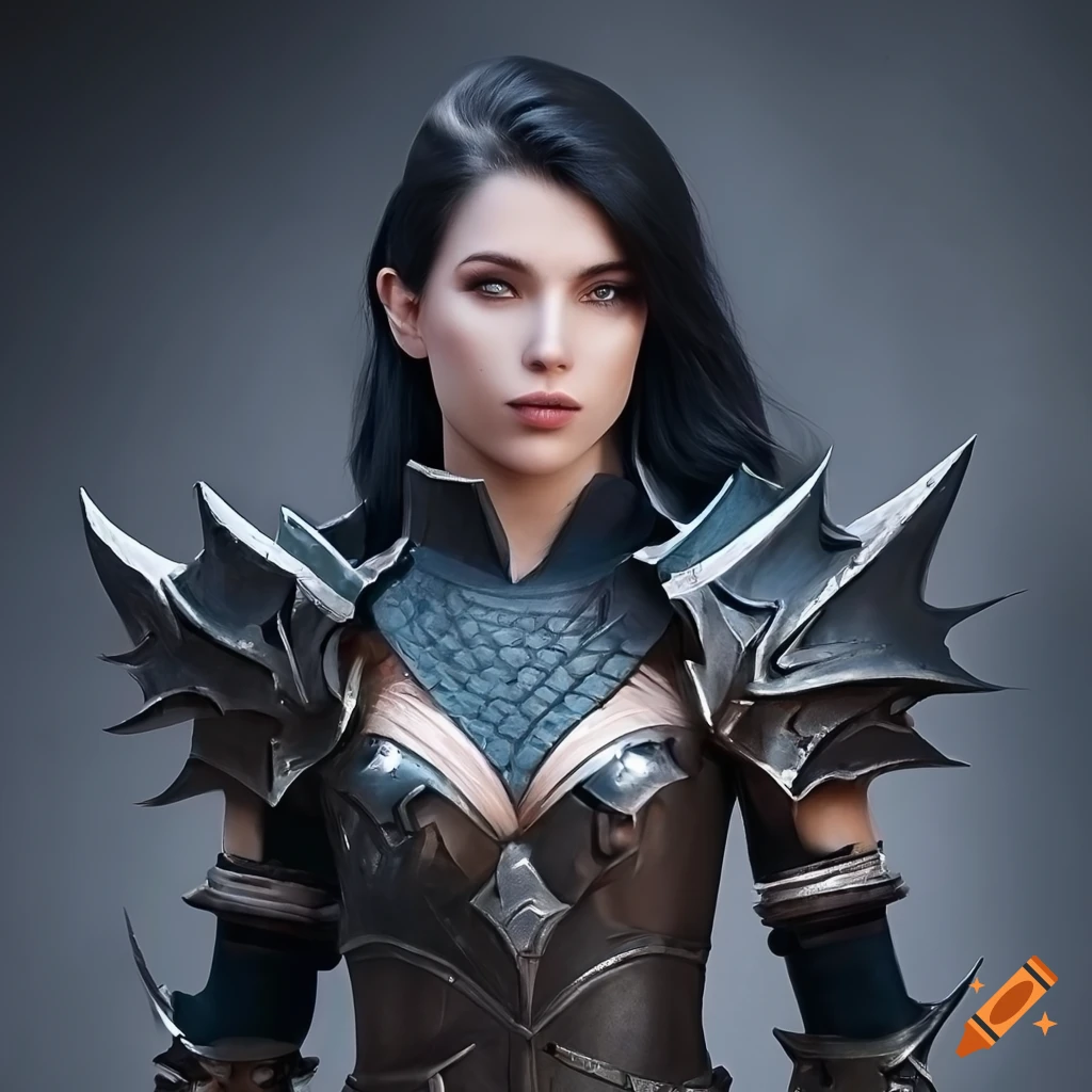 Dark fantasy female warrior in dragon armor
