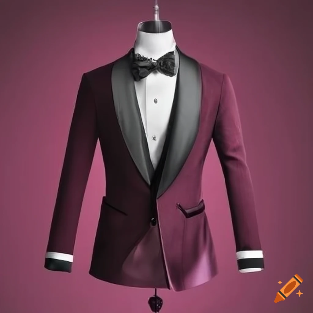 wine colored tuxedo with black undershirt and white bowtie
