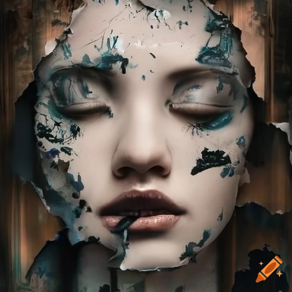 surreal photomanipulation of a female face with intricate texture overlay