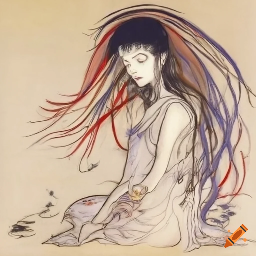 Yoshitaka amano artwork of a woman meditating on Craiyon